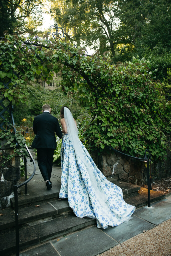 blue and white floral wedding gown