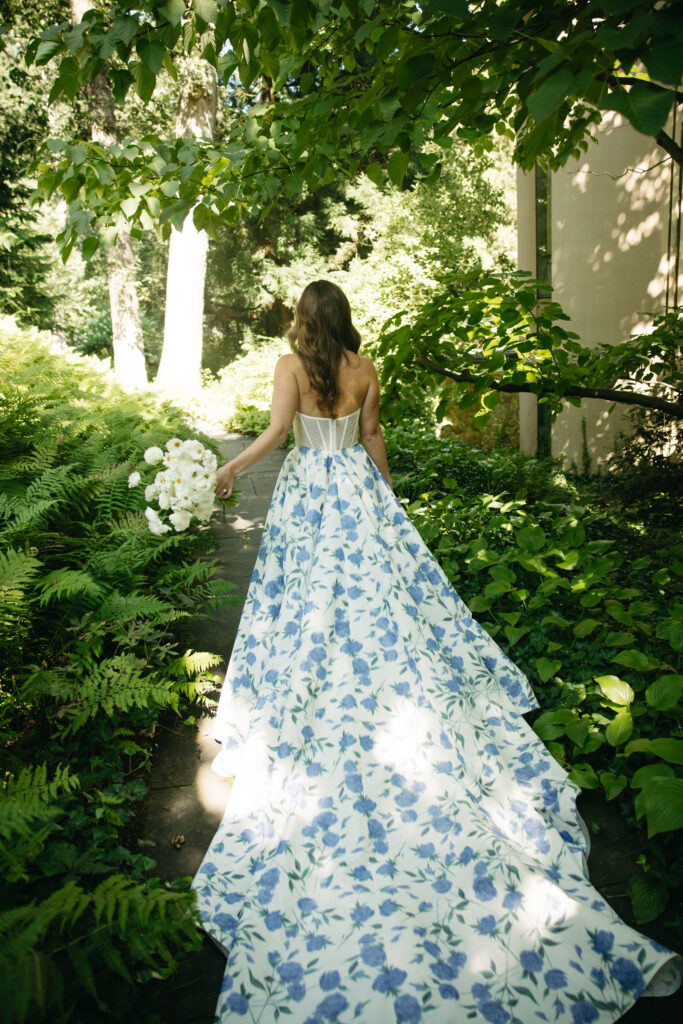 blue and white wedding dress