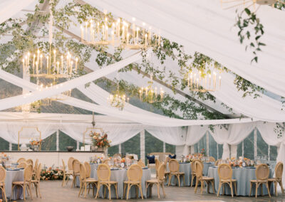 clear top wedding tent with ceiling draping, birch/white check dance floor