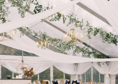 clear top wedding tent with ceiling draping, birch/white check dance floor