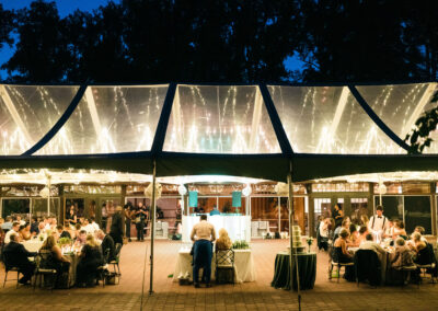 clear top wedding tent photo with twinkle lights glowing thru the tent top