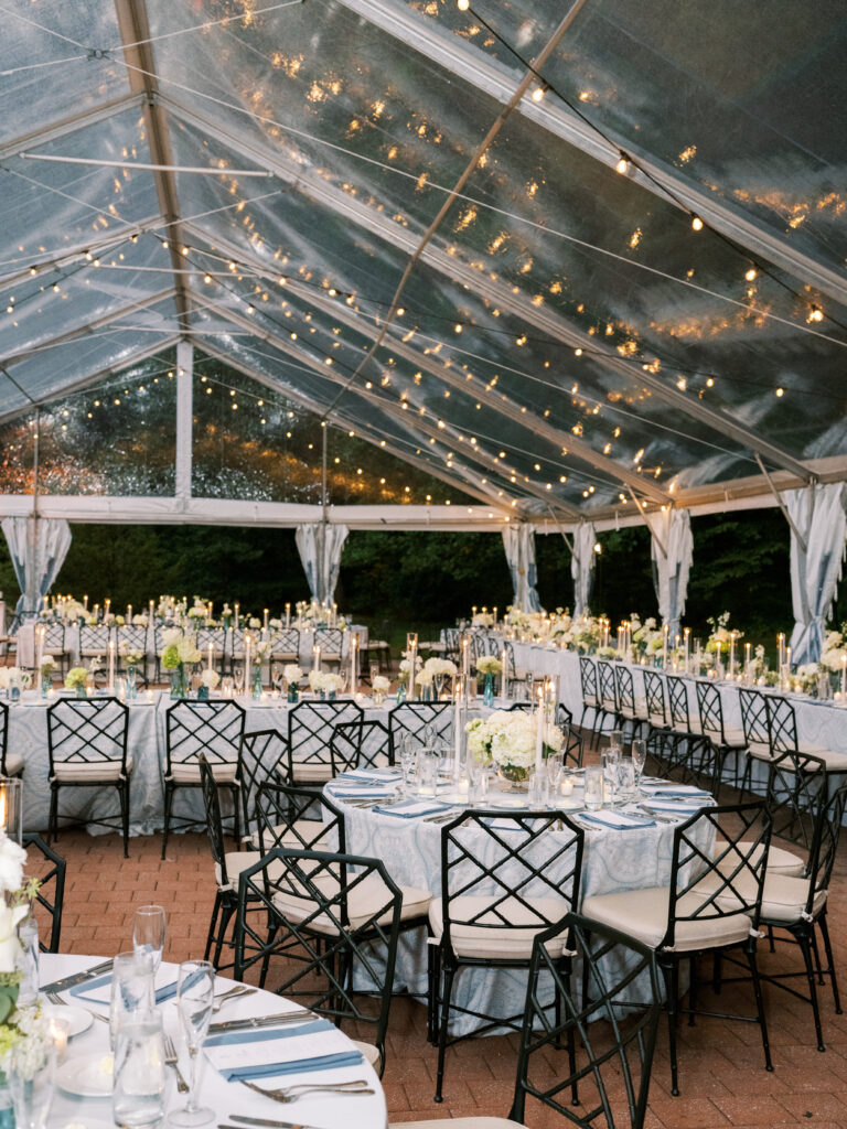 dusty blue and white wedding under clear top tent at Winterthur Museum